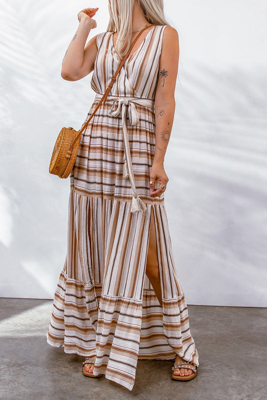 Women’s Striped Tie Waist Slit Sleeveless Dress