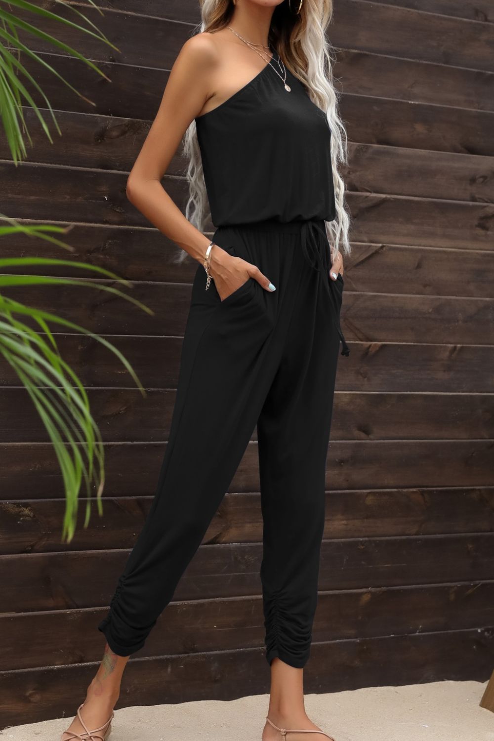 Women’s Drawstring Waist One-Shoulder Jumpsuit with Pockets