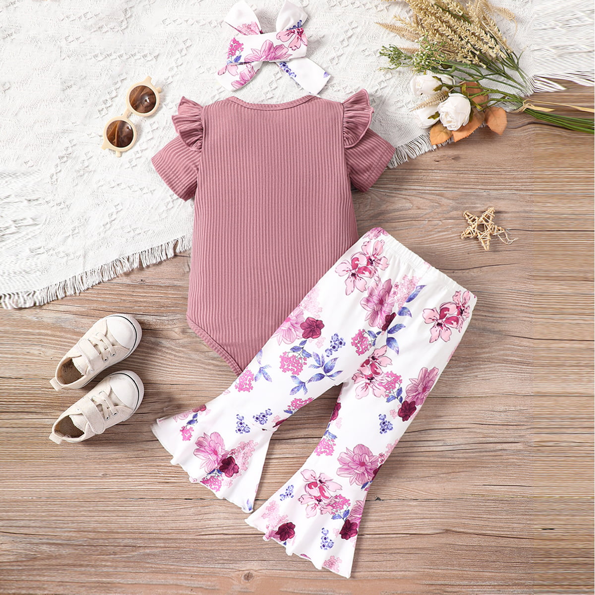 Children’s Girls Decorative Button Ribbed Bodysuit and Printed Flare Pants Set
