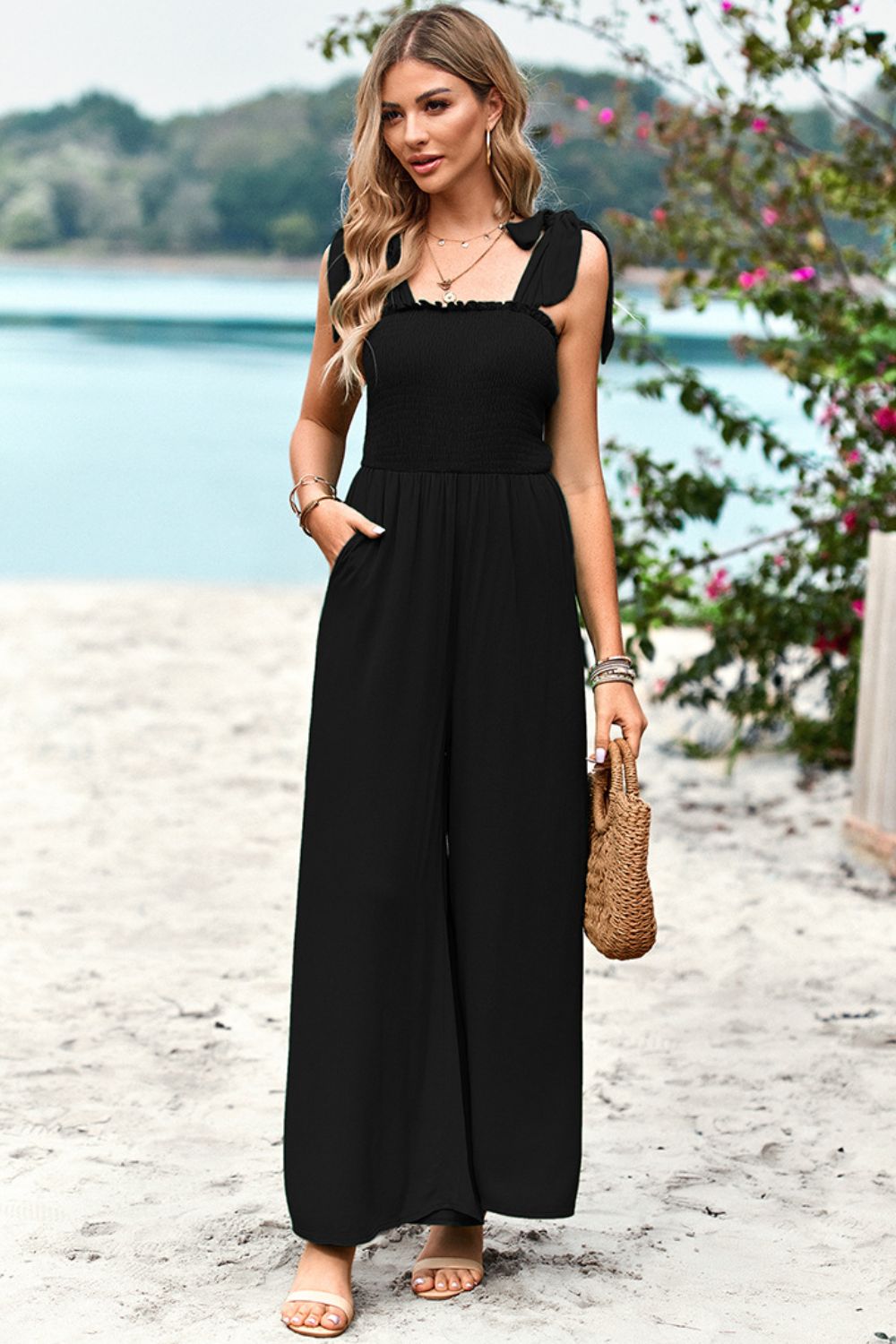 Women’s Frill Trim Tie Shoulder Wide Leg Jumpsuit with Pockets