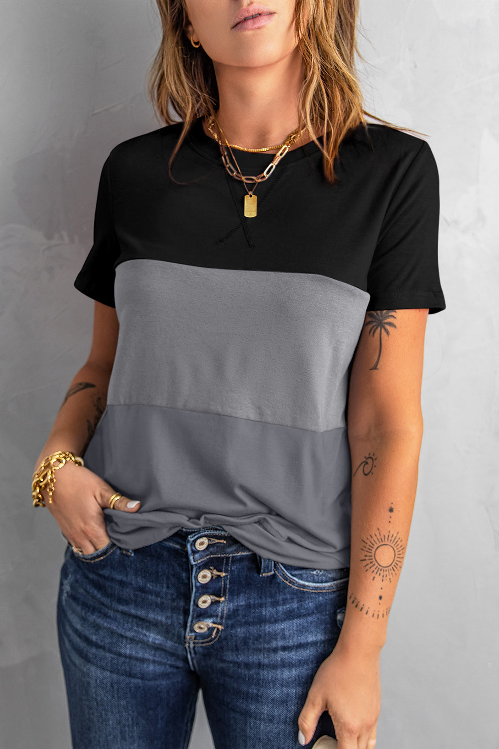 Women’s Color Block Side Slit Round Neck T-Shirt