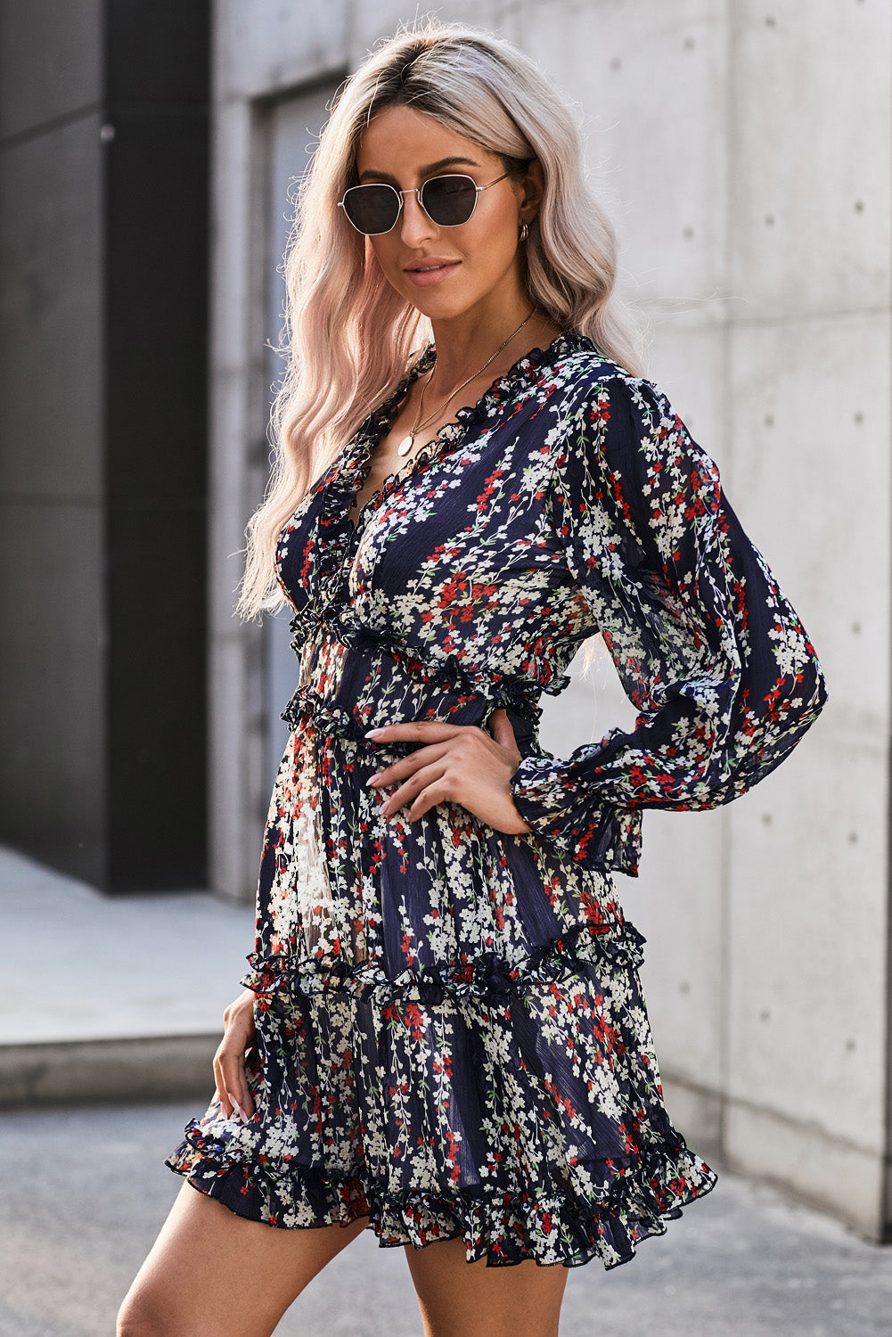 Women’s Floral Frill Trim Plunge Flounce Sleeve Dress