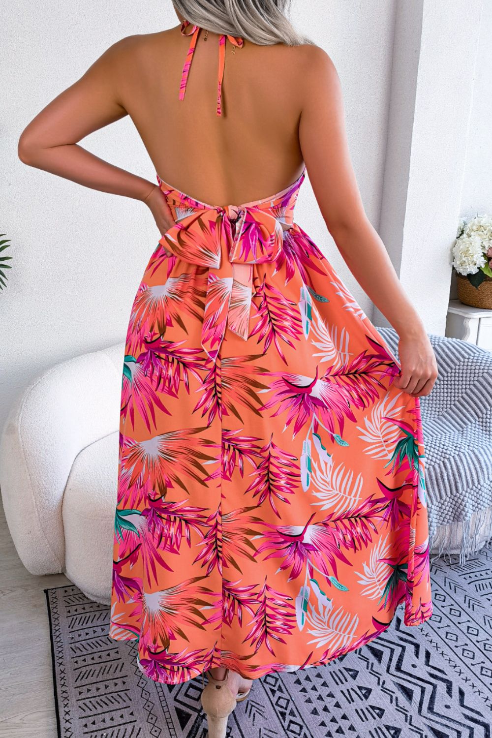 Women’s Botanical Print Tied Backless Cutout Slit Dress