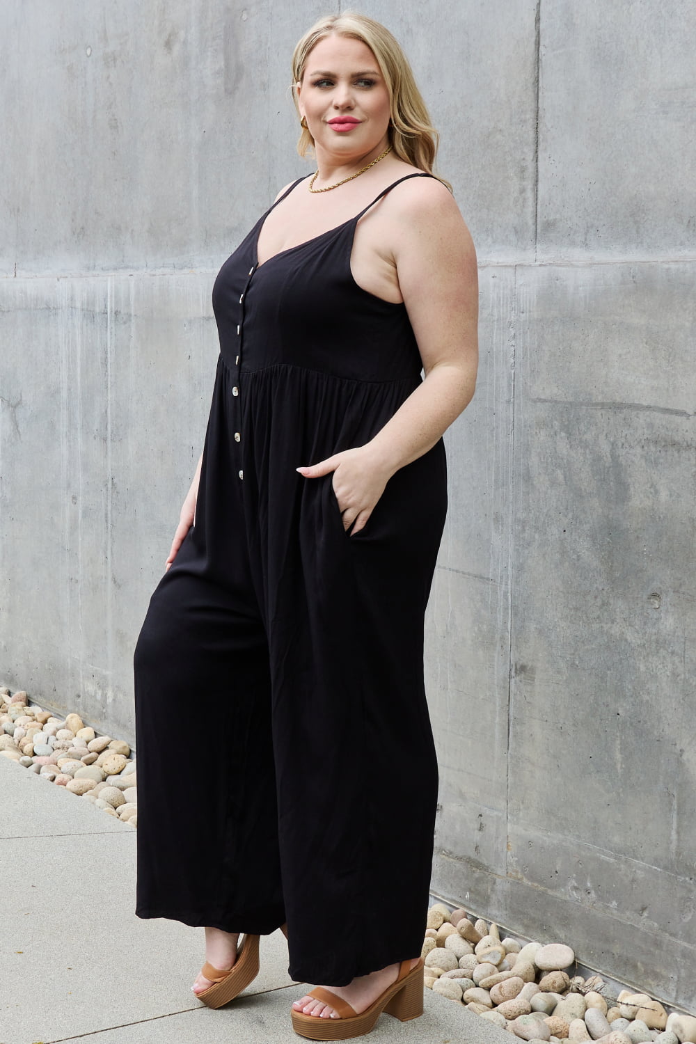 Women’s HEYSON All Day Full Size Wide Leg Button Down Jumpsuit in Black