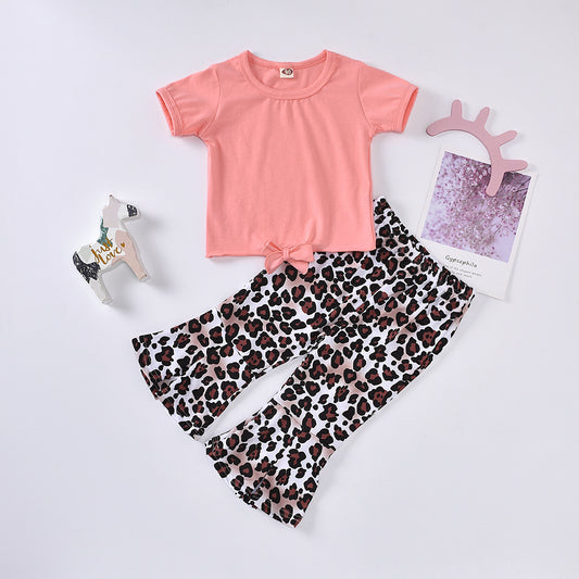 Children’s Girls Bow Detail Top and Leopard Flare Pants Set