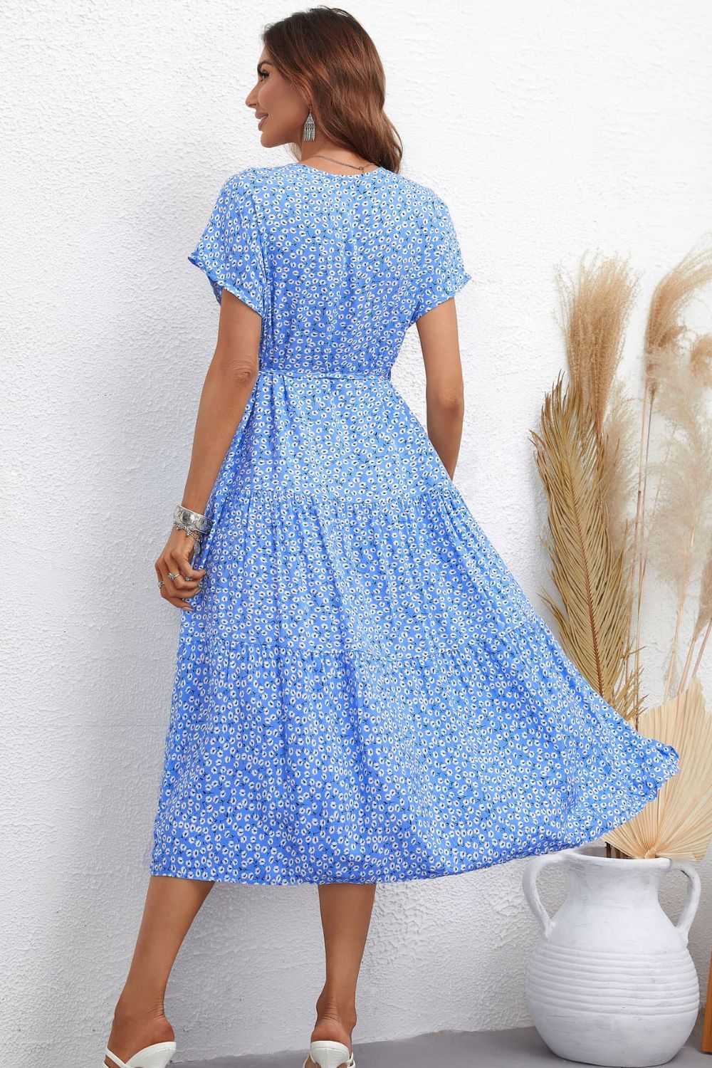 Women’s Floral Round Neck Tie Waist Tiered Midi Dress