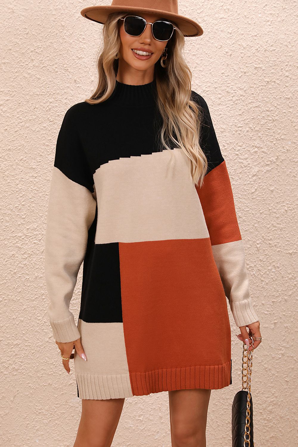 Women’s Color Block Mock Neck Dropped Shoulder Sweater Dress