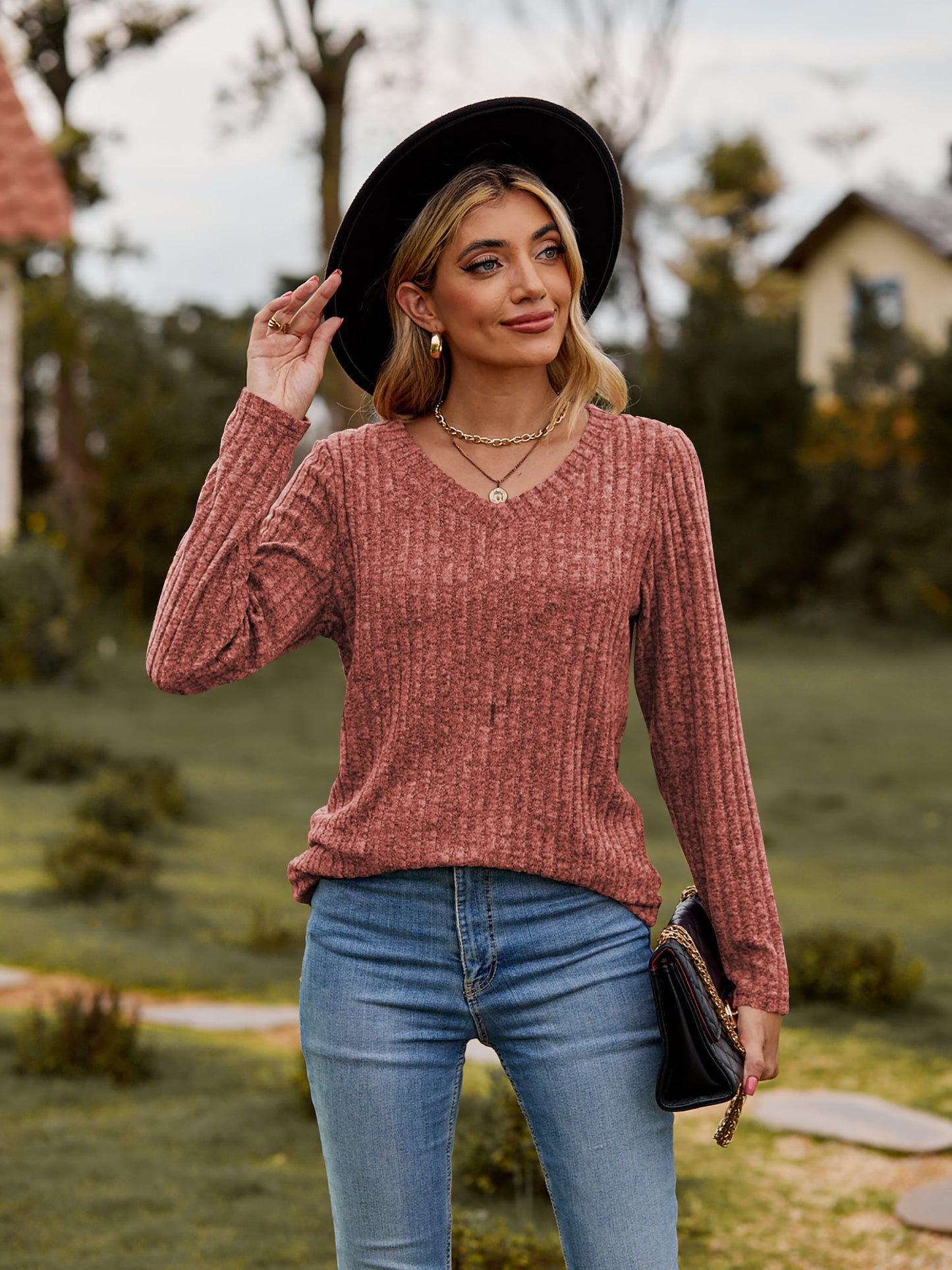 Women’s Ribbed V-Neck Long Sleeve Tee