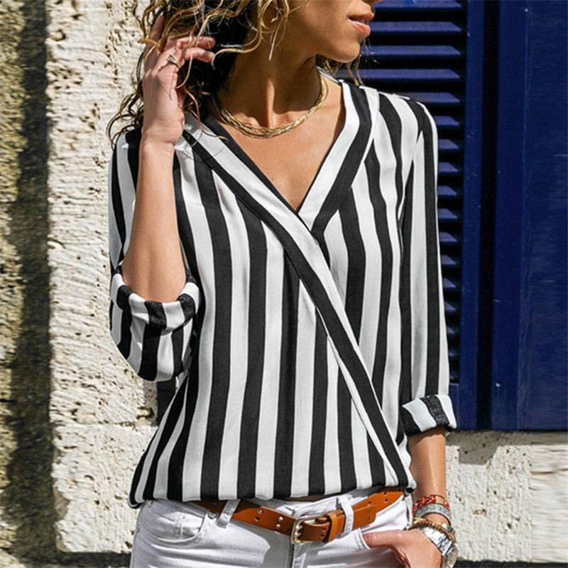 Women’s Casual Striped Long Sleeve V Neck Blouse