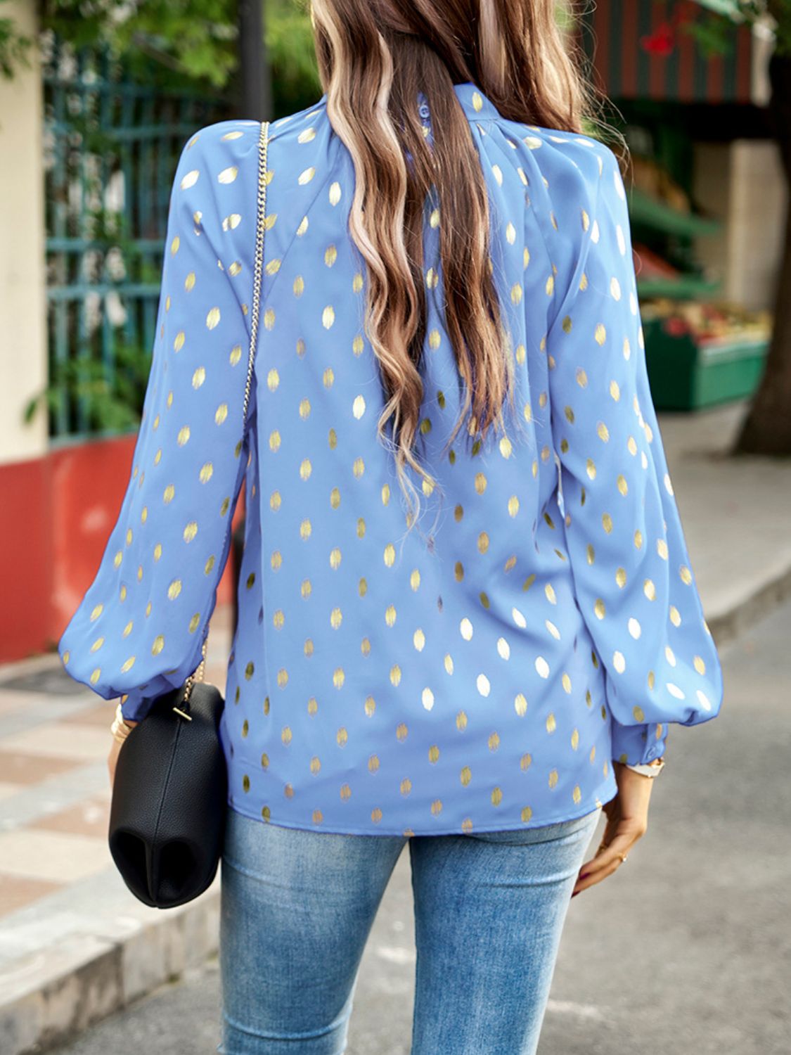 Women’s Mock Neck Cutout Lantern Sleeve Blouse