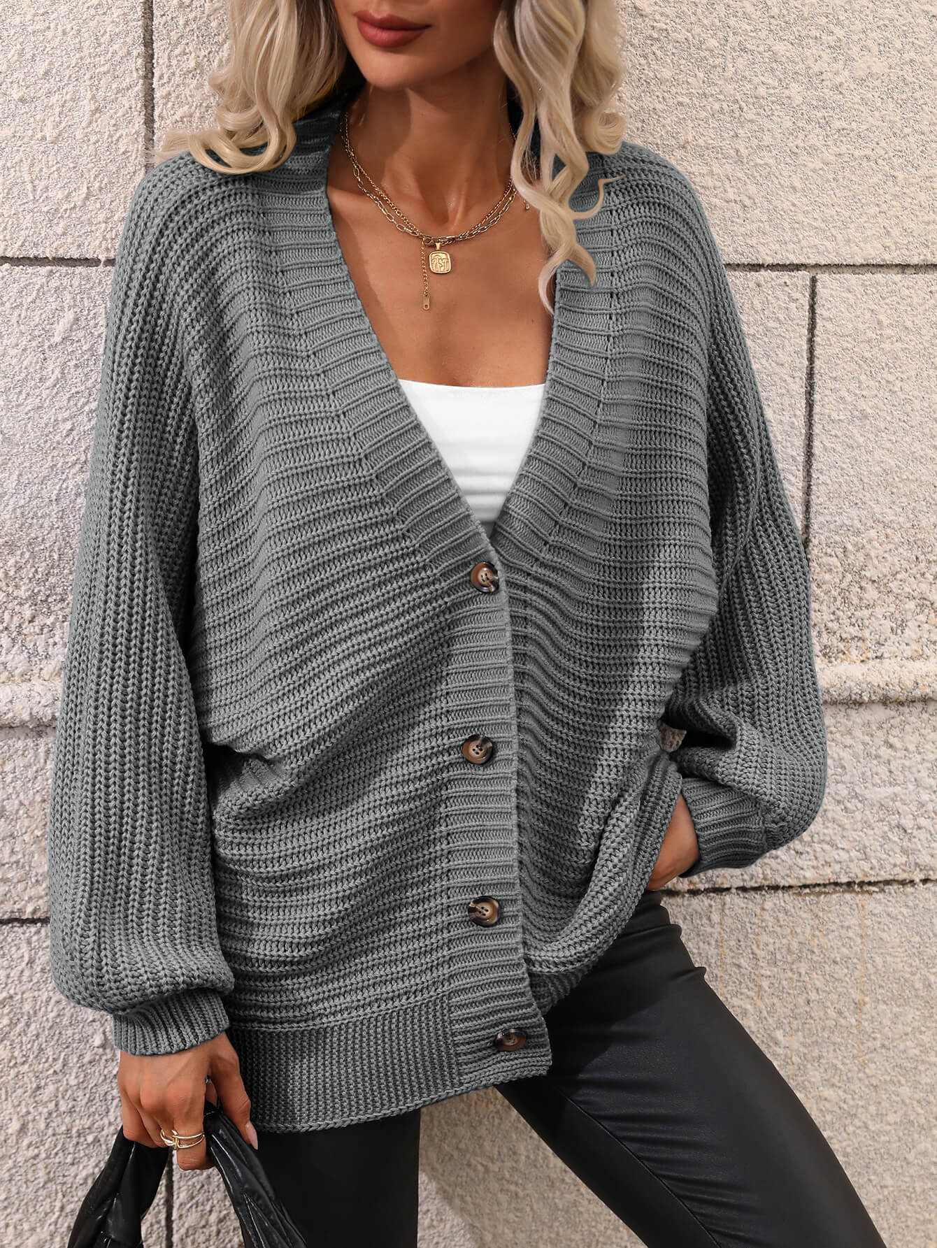 Women’s Button Down Horizontal-Ribbing Longline Cardigan