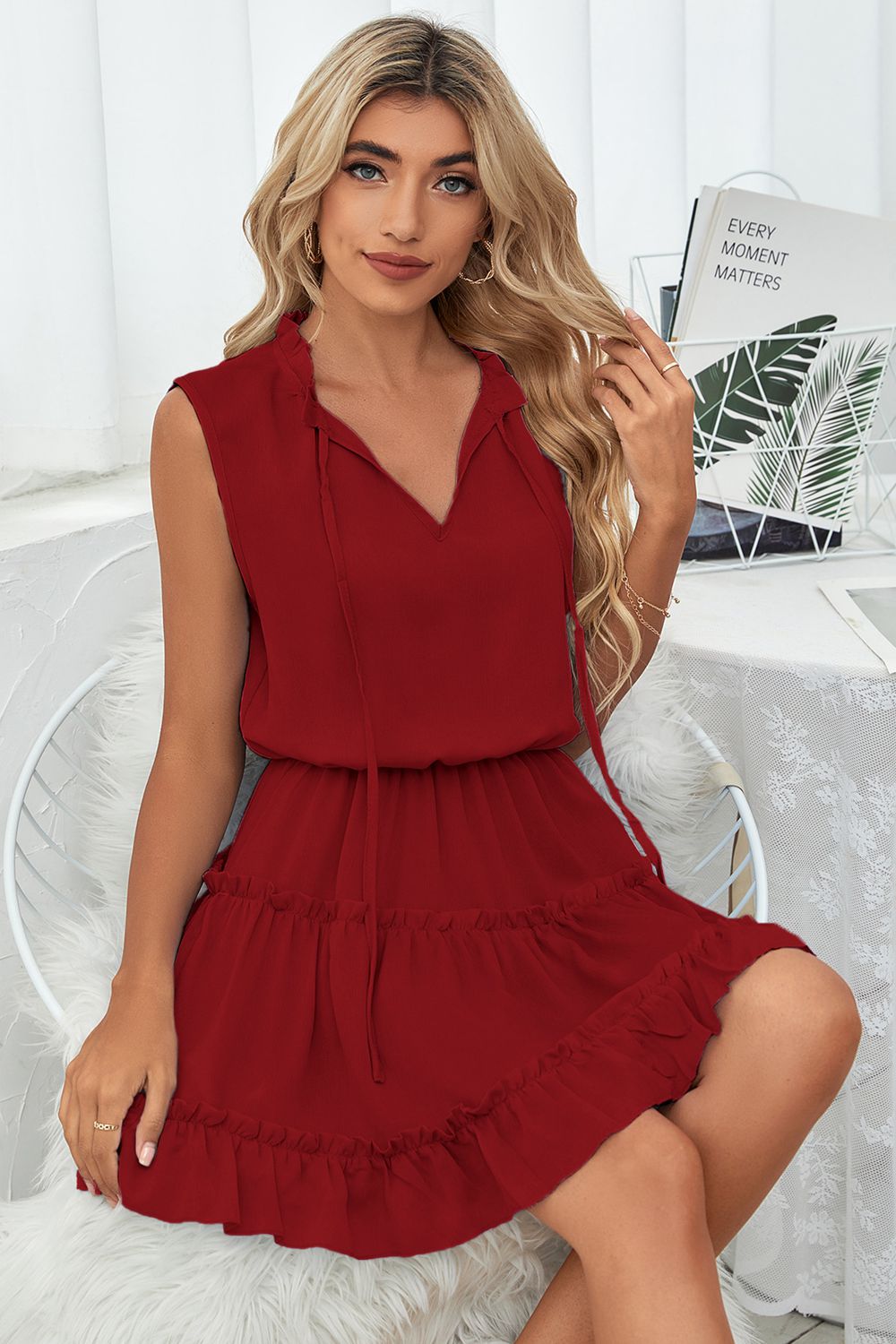 Women’s Frill Trim Tie Neck Sleeveless Mini Dress