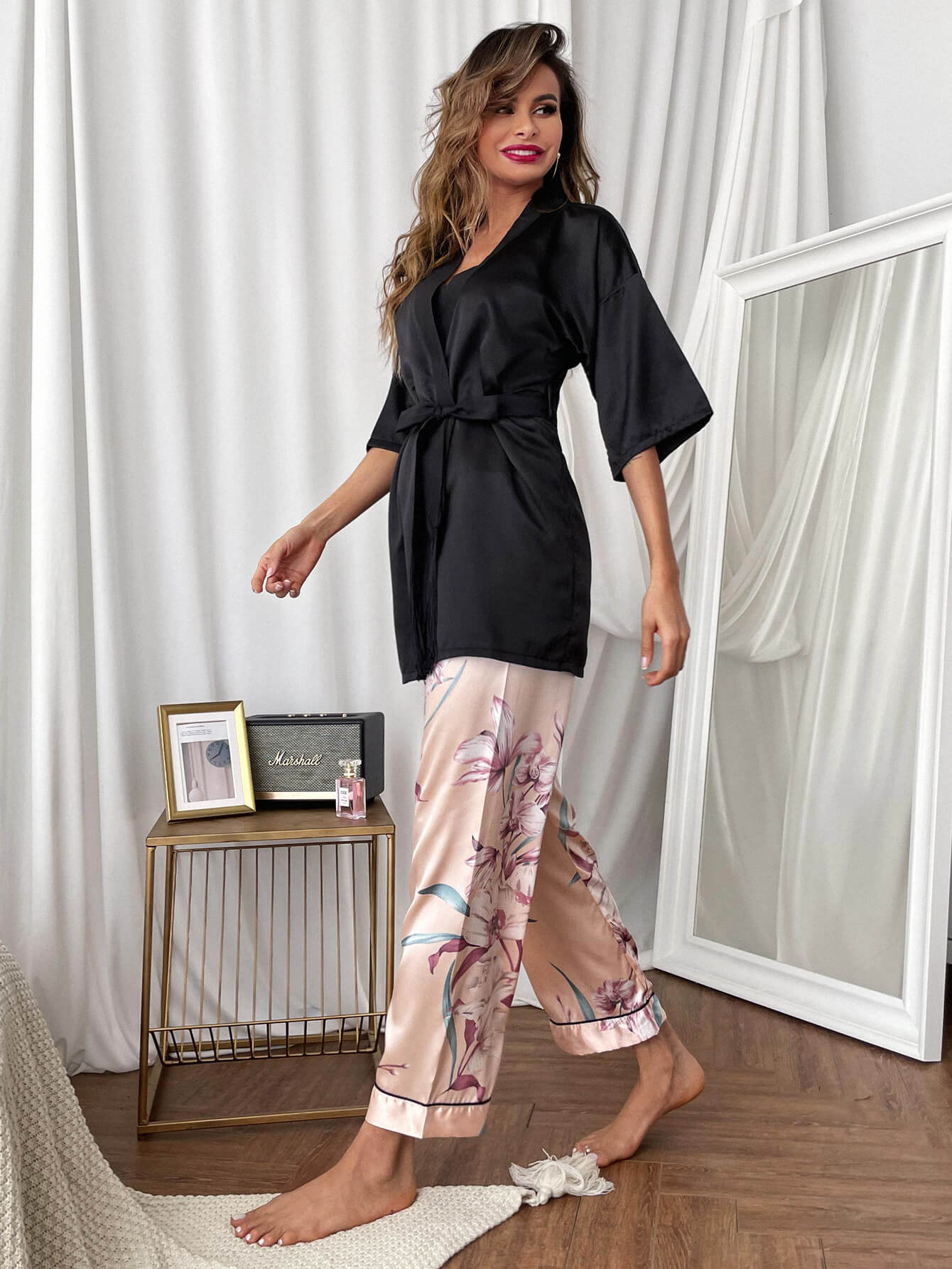 Women’s  Cami, Robe, and Printed Pants Pajama Set