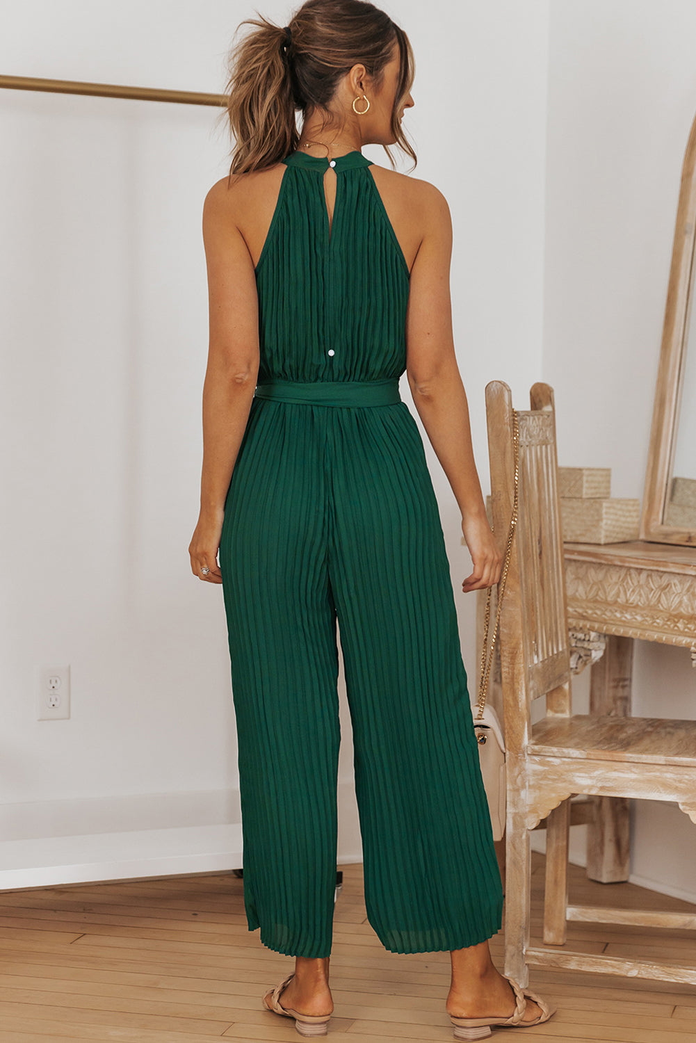 Women’s Accordion Pleated Belted Grecian Neck Sleeveless Jumpsuit