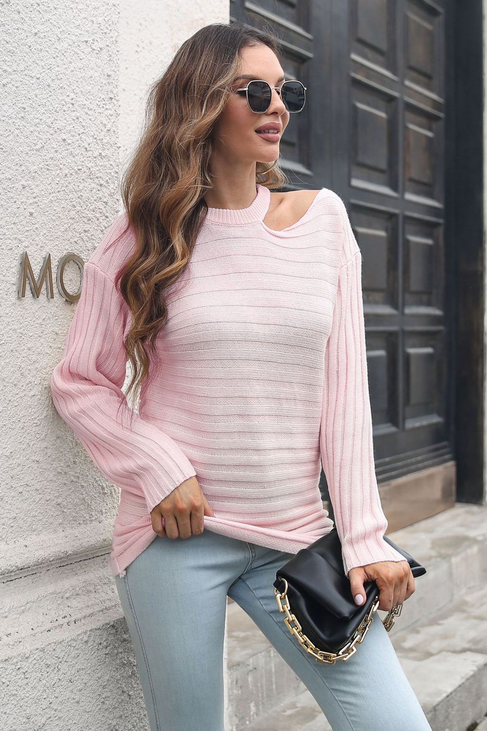 Women’s Ribbed Cold Shoulder Round Neck Pullover Sweater