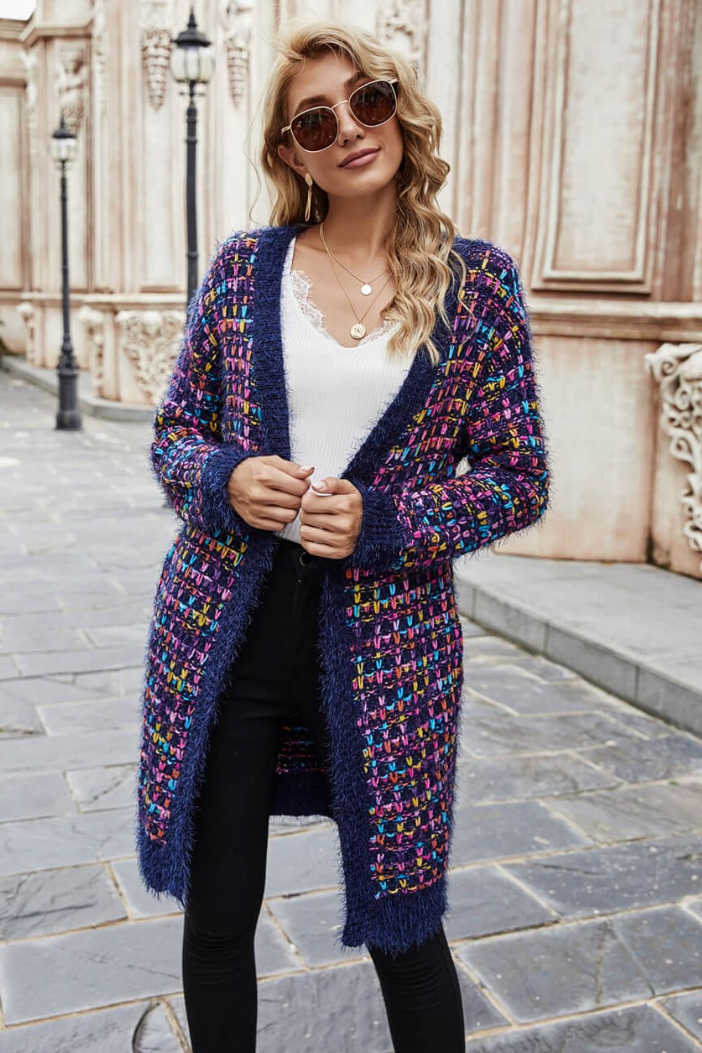 Women’s Multicolored Ribbed Trim Open Front Cardigan with Pockets