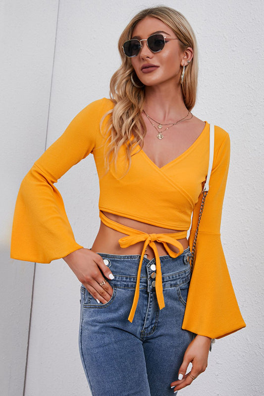 Women’s Tie Front Flare Sleeve Cropped Top