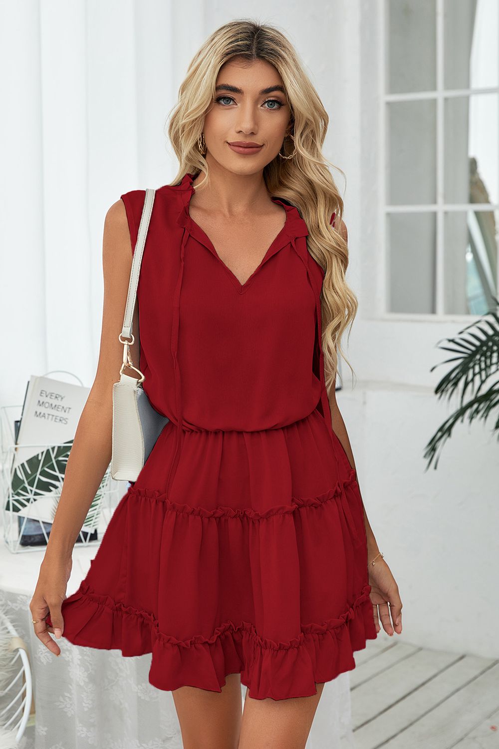 Women’s Frill Trim Tie Neck Sleeveless Mini Dress