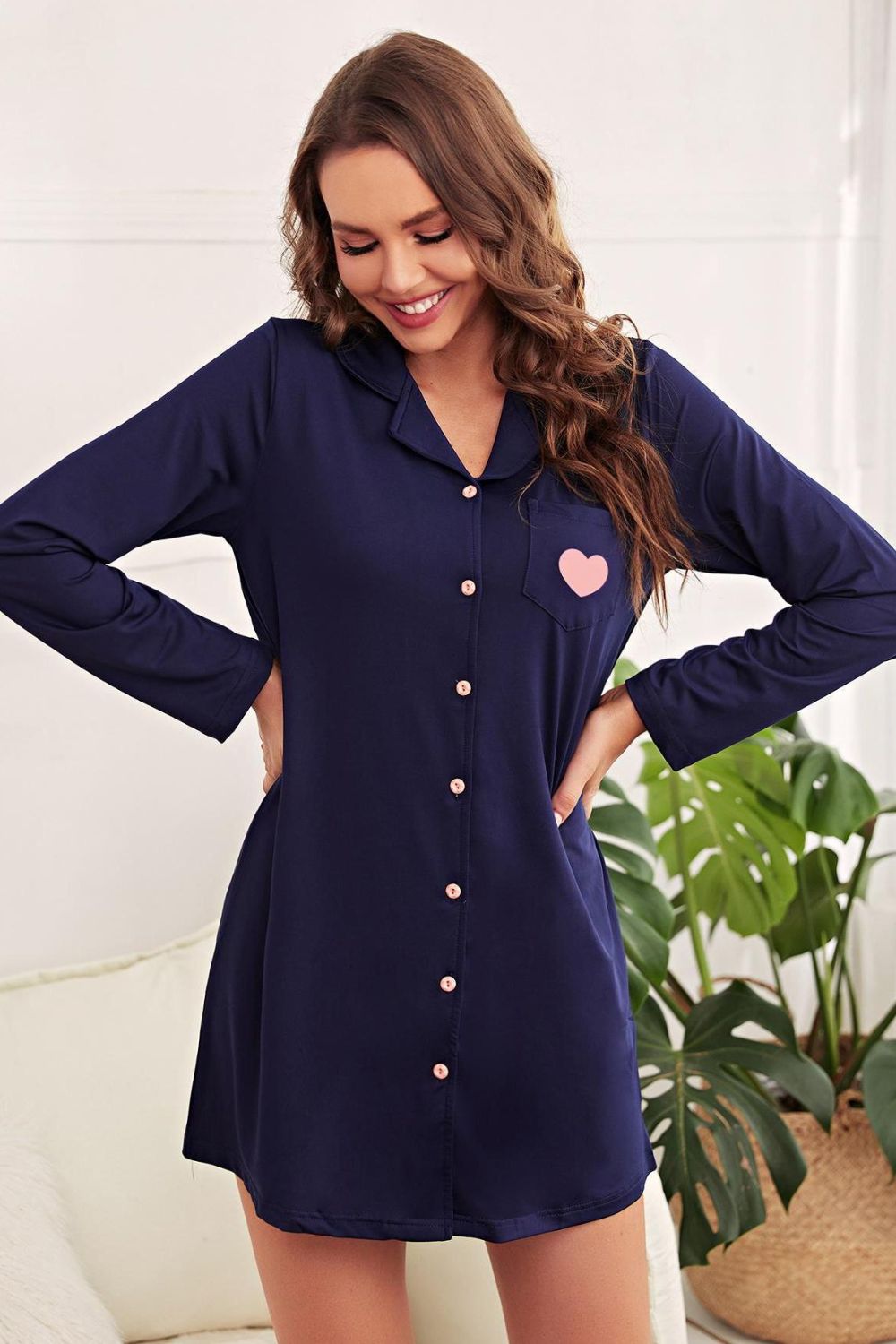 Women’s Heart Graphic Lapel Collar Night Shirt Dress