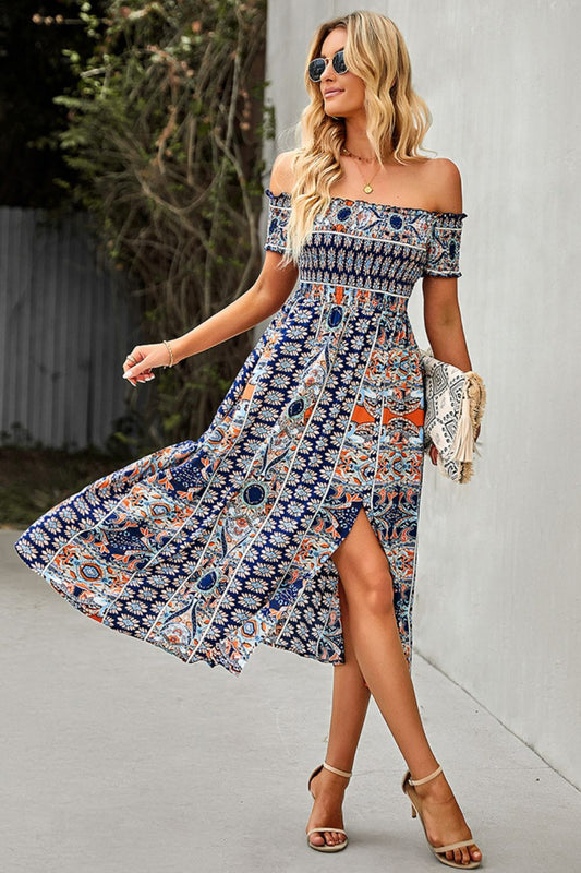 Women’s Bohemian Off-Shoulder Frill Trim Split Dress