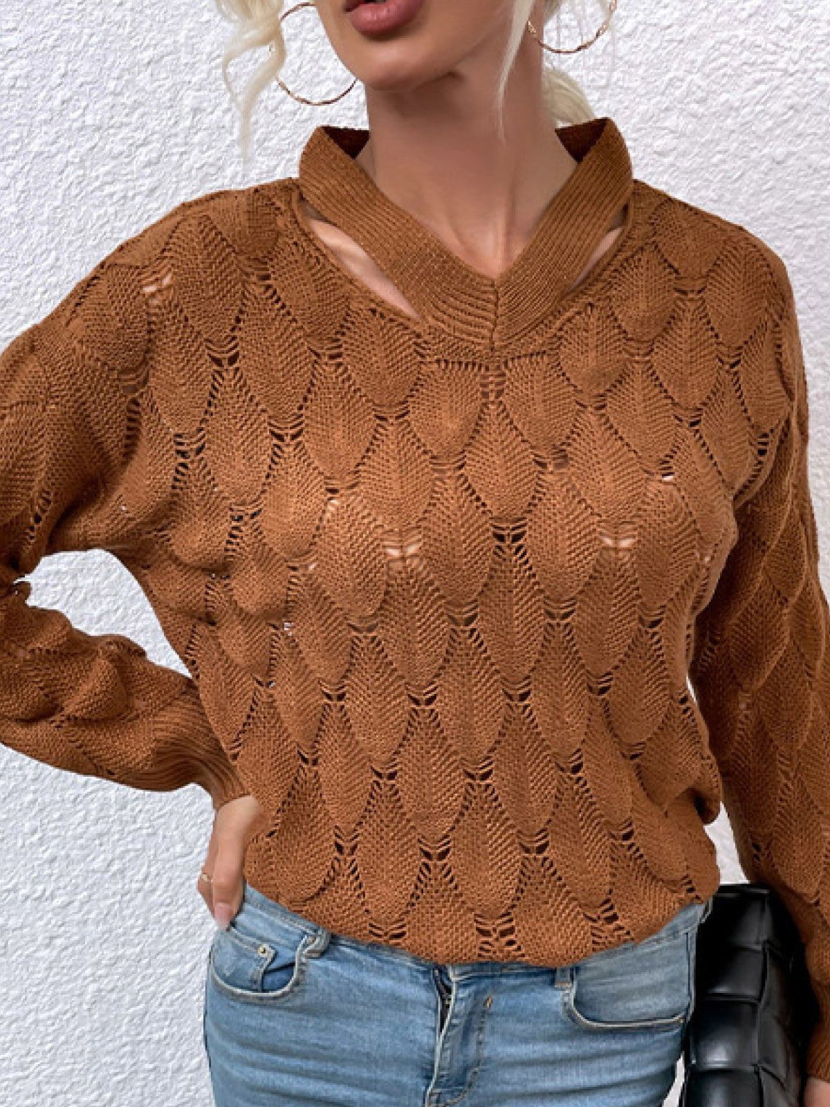 Women's V-Neck Cutout Shoulder Sweater Size S-XL