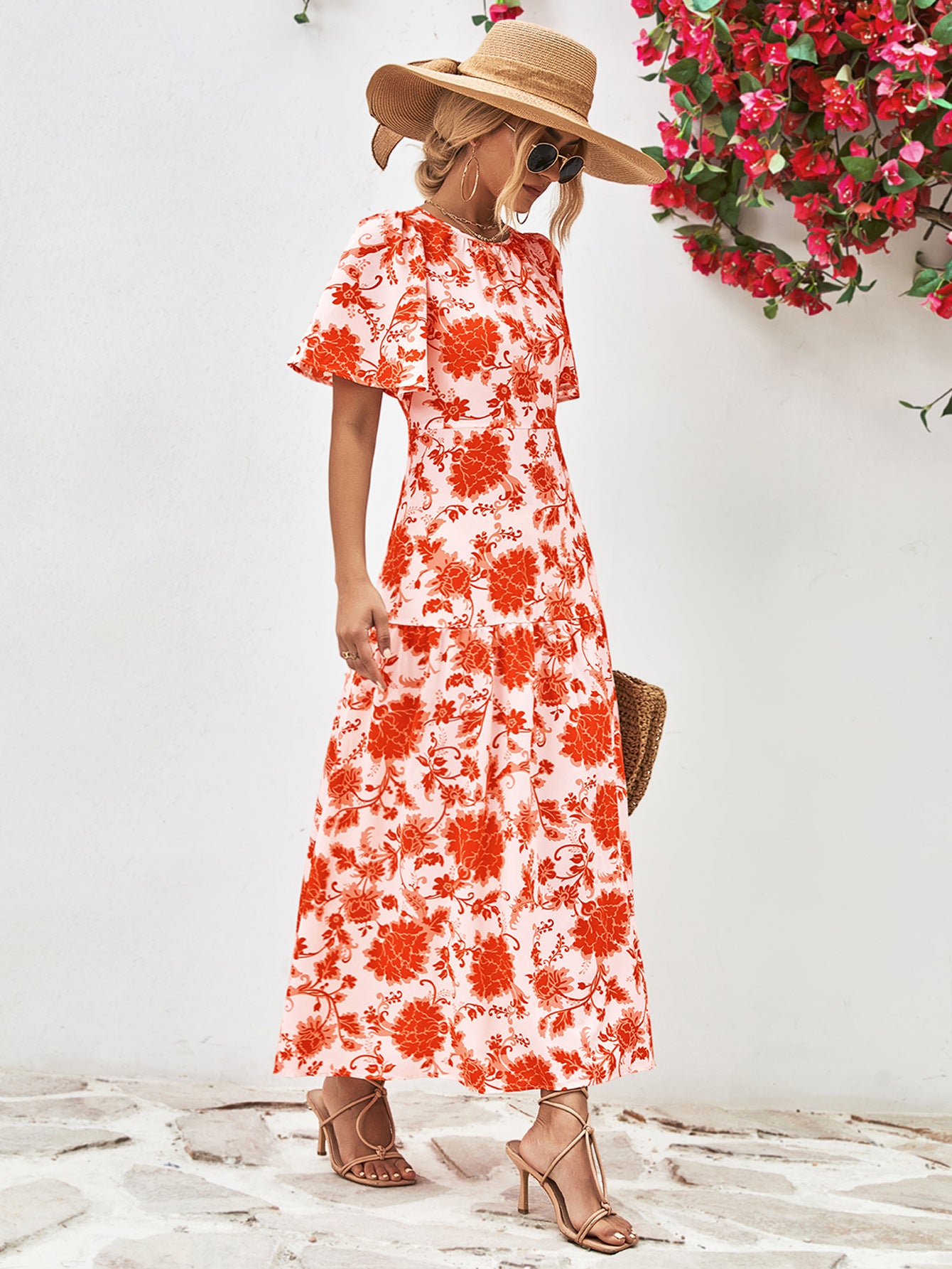 Women’s Floral Round Neck Tied Open Back Dress