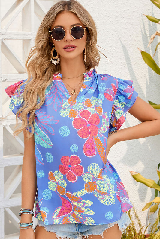 Women’s Floral Notched Neck Flutter Sleeve Blouse