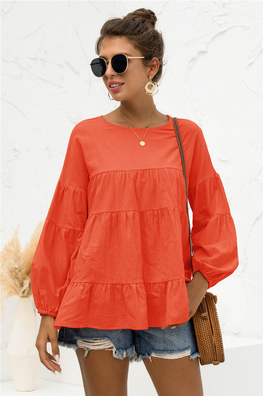 Women’s Round Neck Bubble Sleeve Tiered Blouse