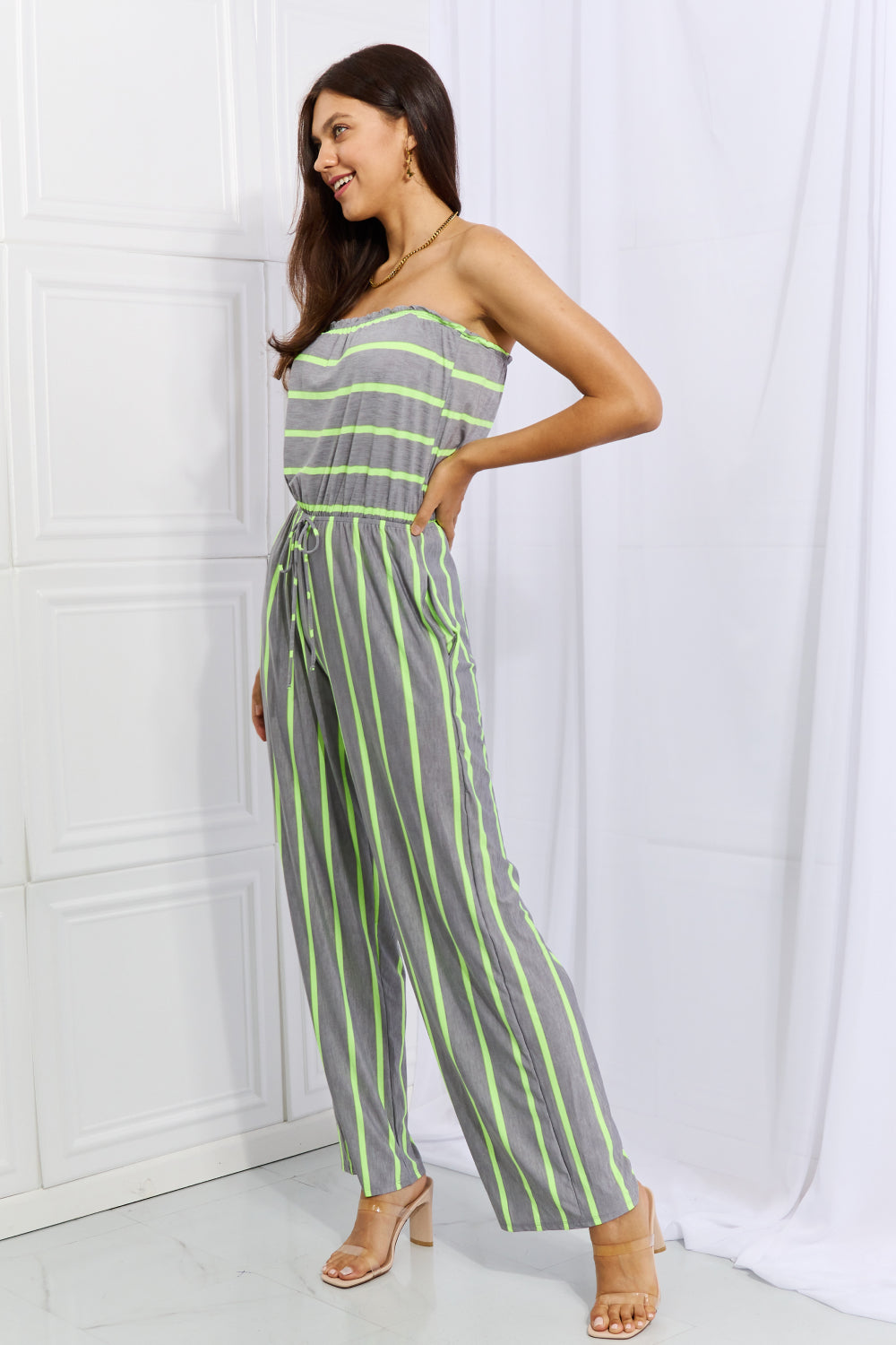 Women’s Sew In Love Pop Of Color Full Size Sleeveless Striped Jumpsuit