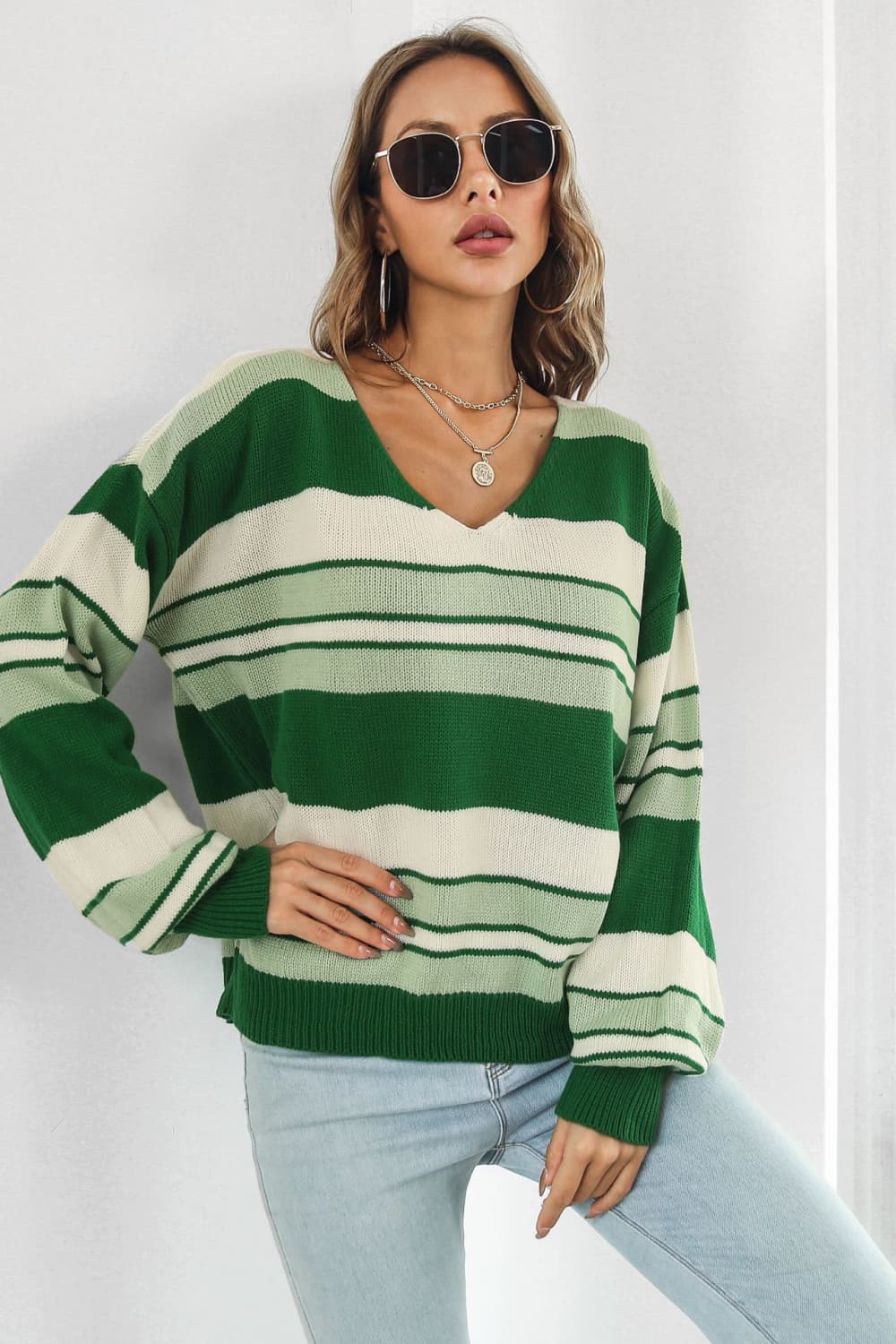 Women’s Striped V-Neck Dropped Shoulder Sweater