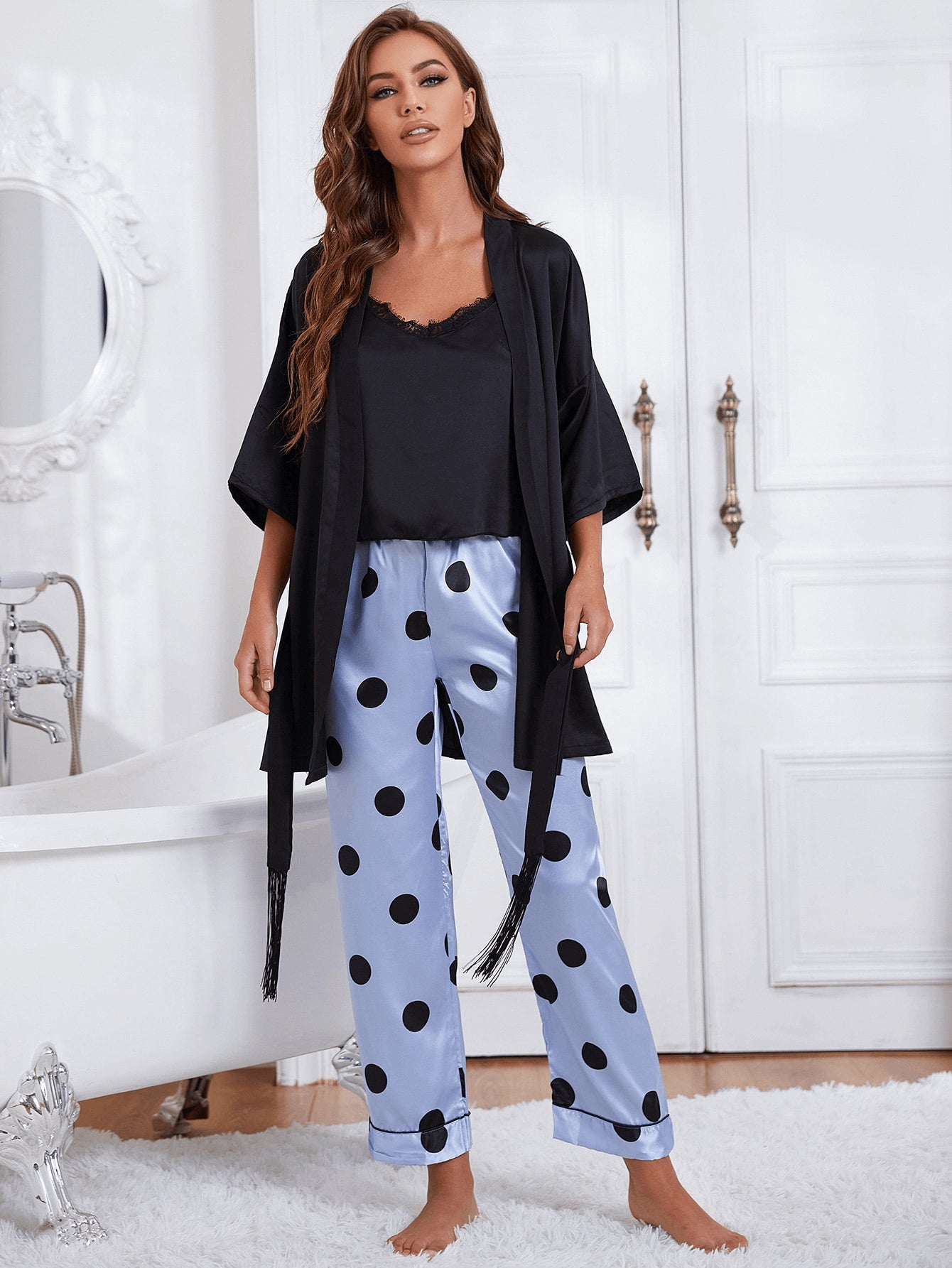 Women’s  Cami, Robe, and Printed Pants Pajama Set