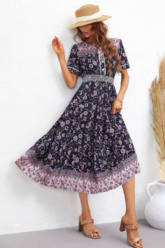 Women’s Bohemian V-Neck Short Sleeve Midi Dress