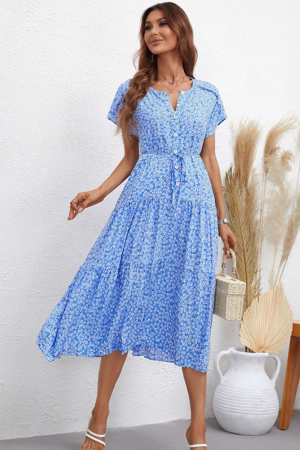 Women’s Floral Round Neck Tie Waist Tiered Midi Dress