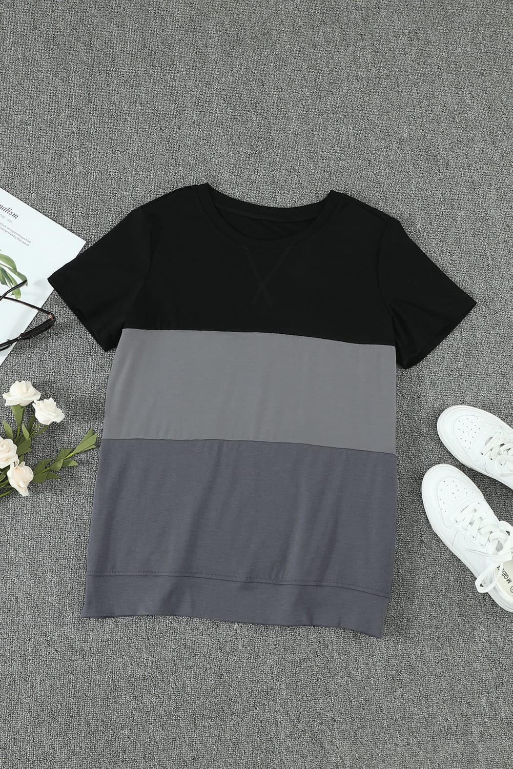 Women’s Color Block Side Slit Round Neck T-Shirt