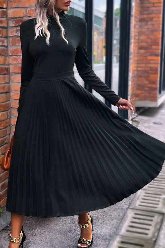 Women’s Ruffle Collar Pleated Long Sleeve Dress