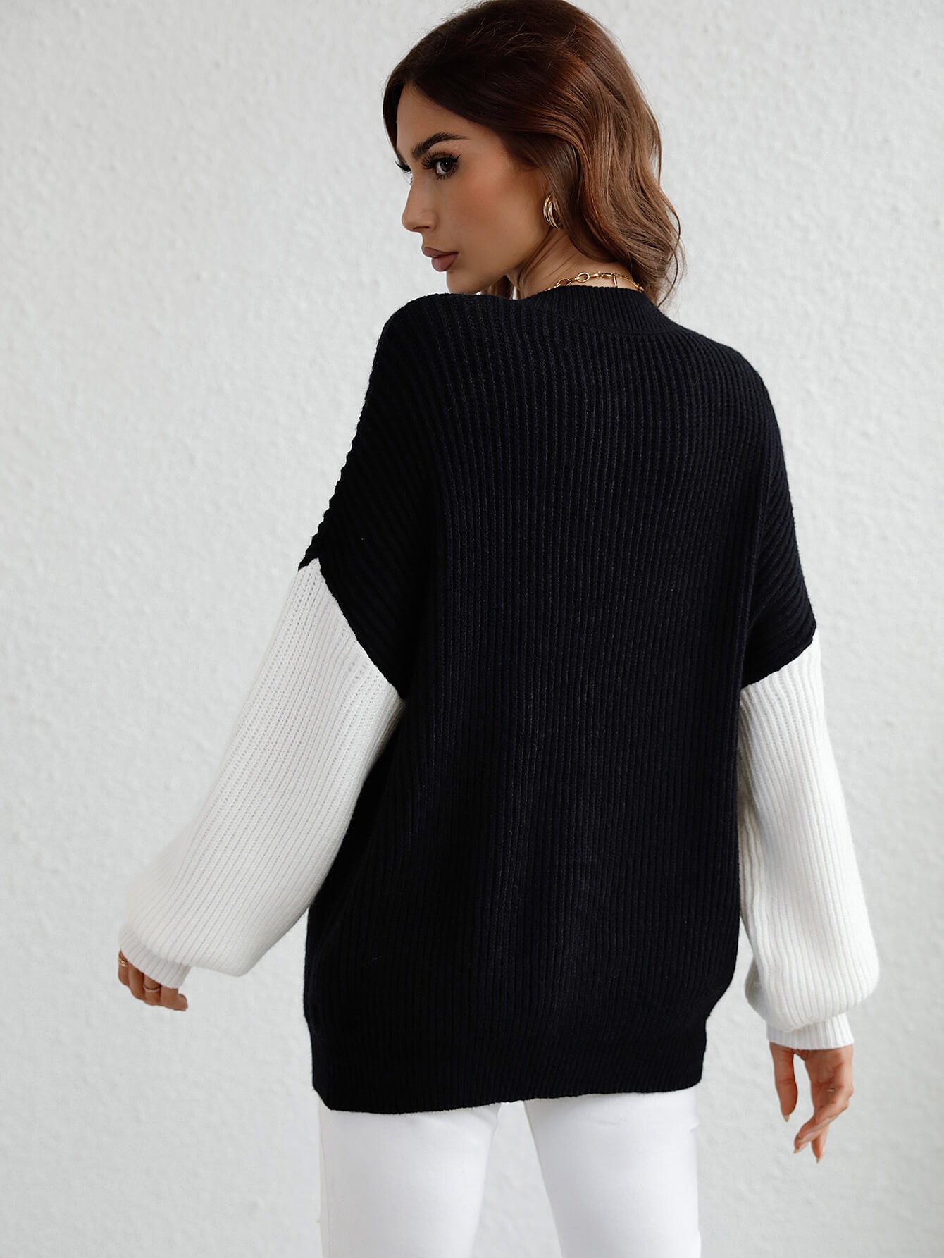 Women’s Two-Tone Rib-Knit Dropped Shoulder Sweater