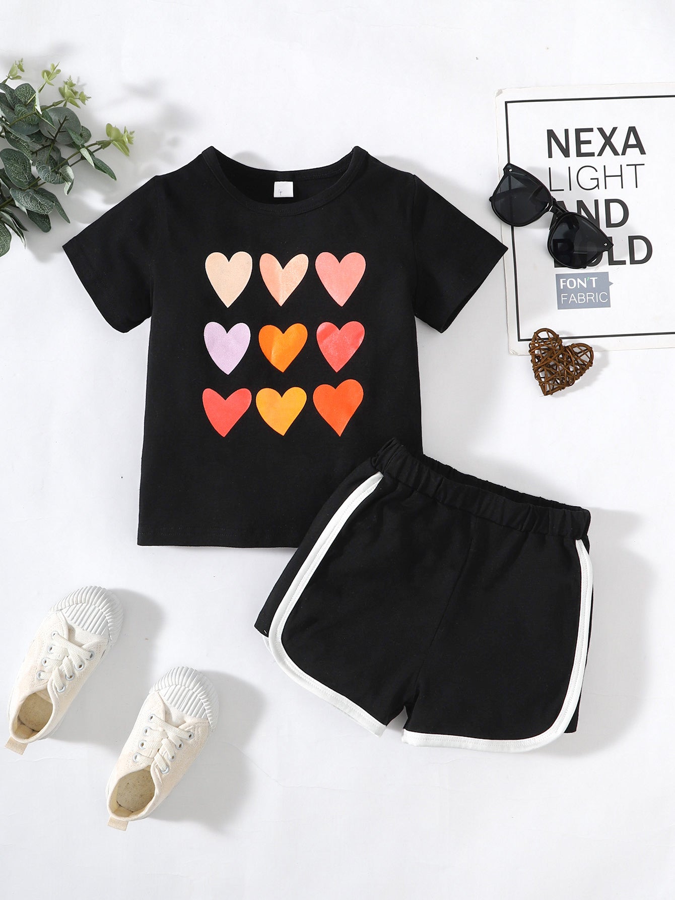Children’s Girls Heart Print T-Shirt and Side Stripe Shorts Set