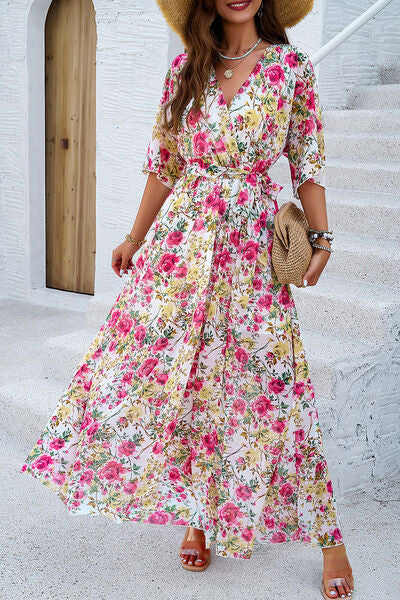 Women’s Printed Tied Half Sleeve Slit Dress