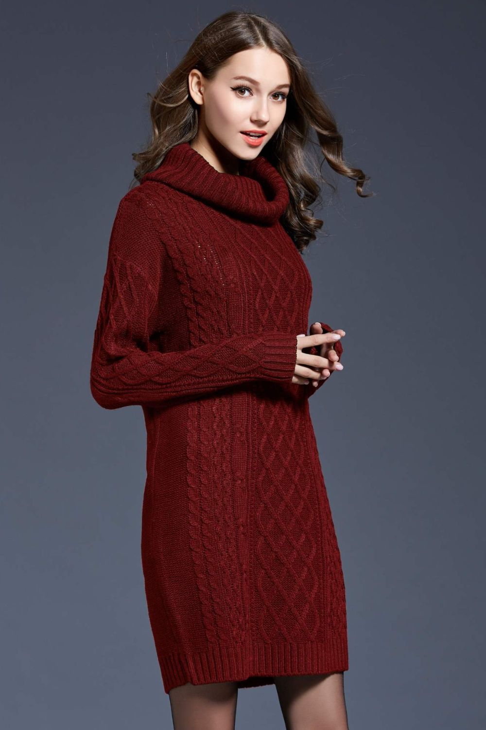 Women’s Full Size Mixed Knit Cowl Neck Dropped Shoulder Sweater Dress