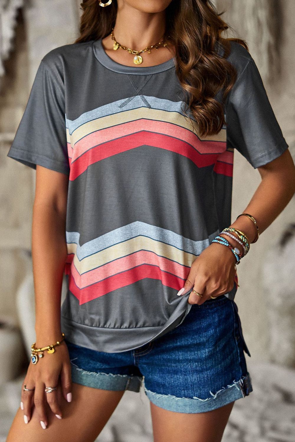 Women’s Multicolored Chevron Stripe Round Neck Side Slit T-Shirt