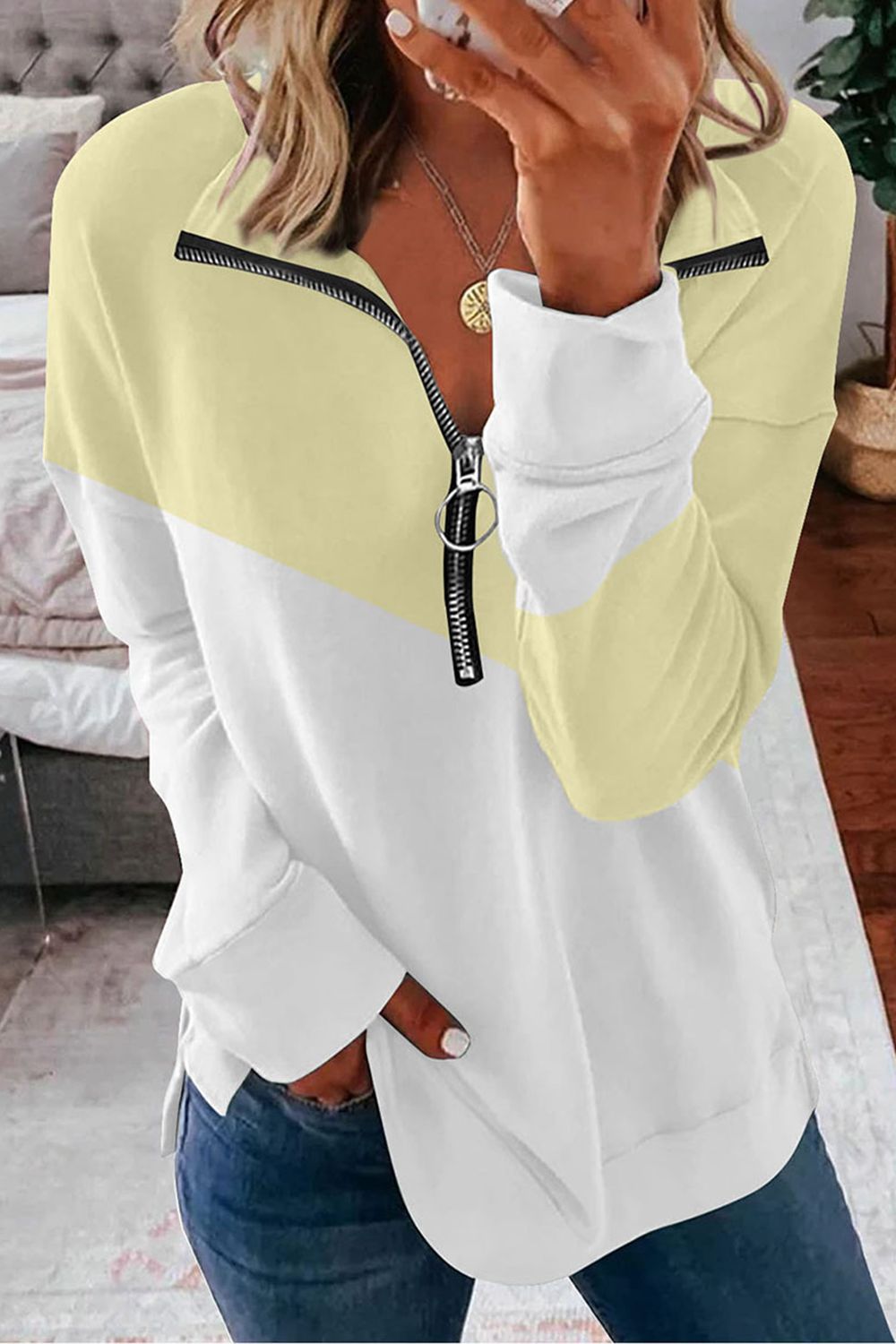 Women’s Contrast Zip-Up Collared Neck Dropped Shoulder Blouse