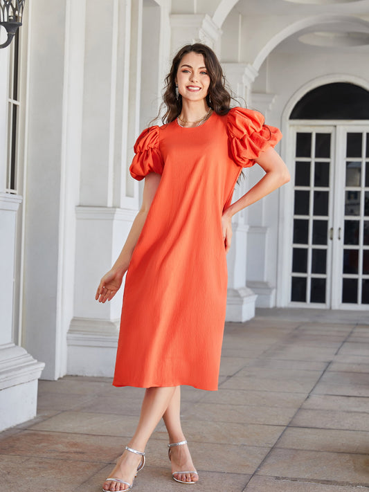 Women’s Round Neck Bubble Sleeve Straight Hem Midi Dress