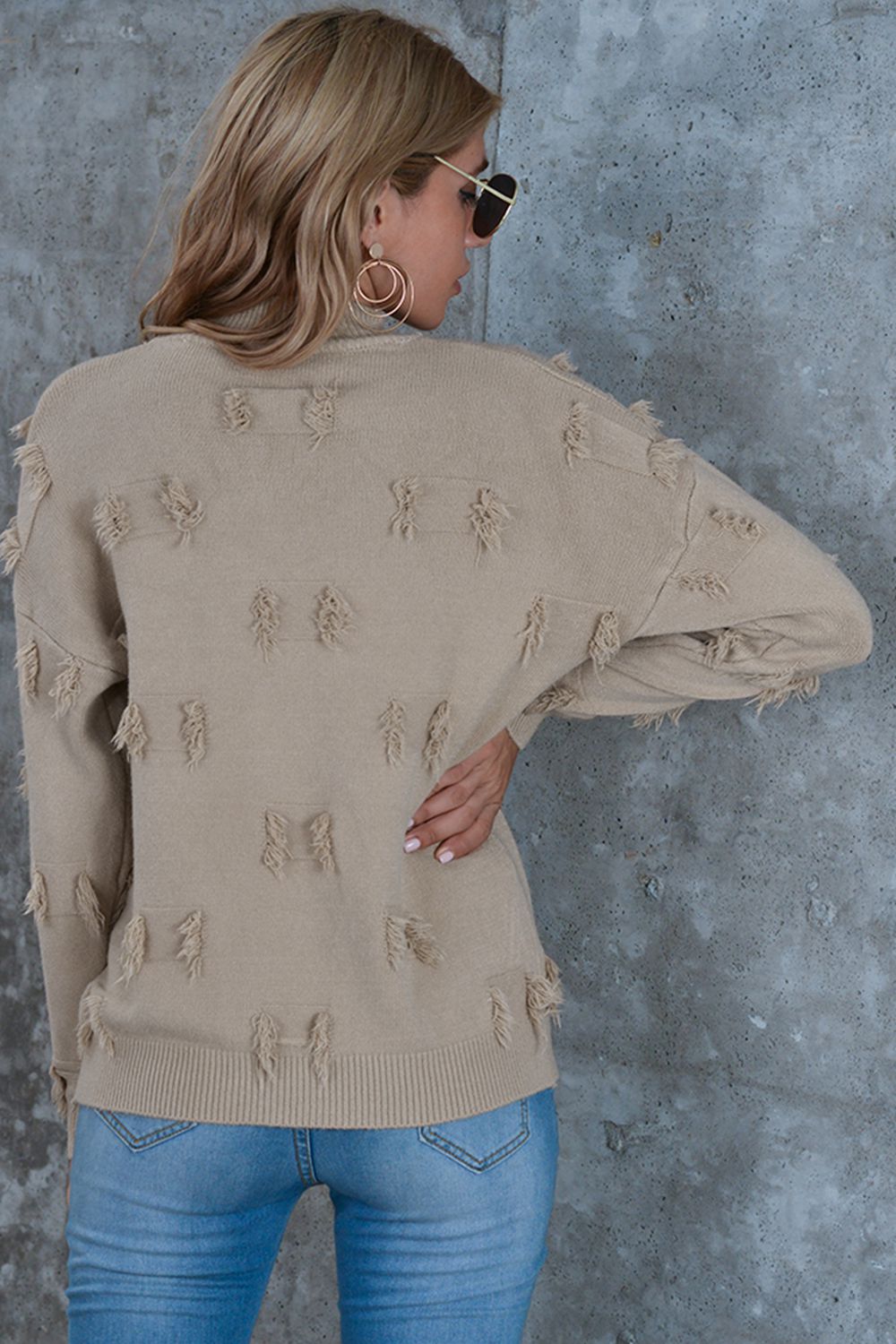 Women’s Mock Neck Frayed Trim Sweater
