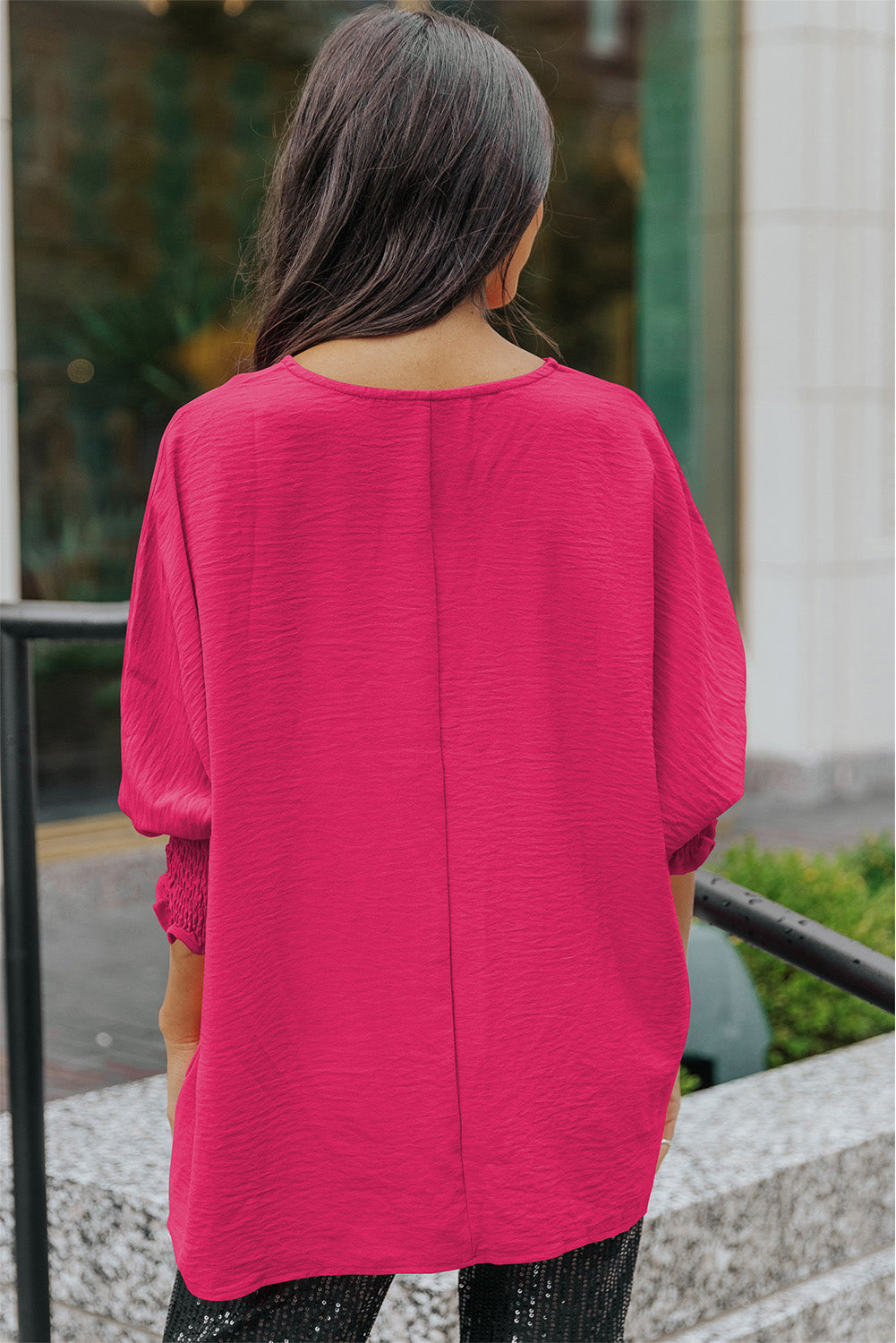 Women’s Round Neck Dolman Sleeve Textured Blouse