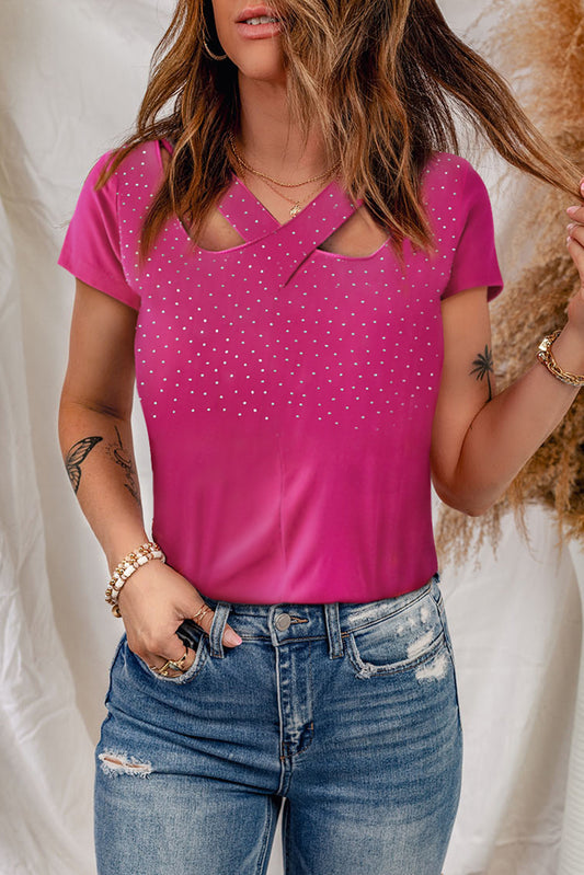 Women’s Rhinestone Crisscross Short Sleeve Top