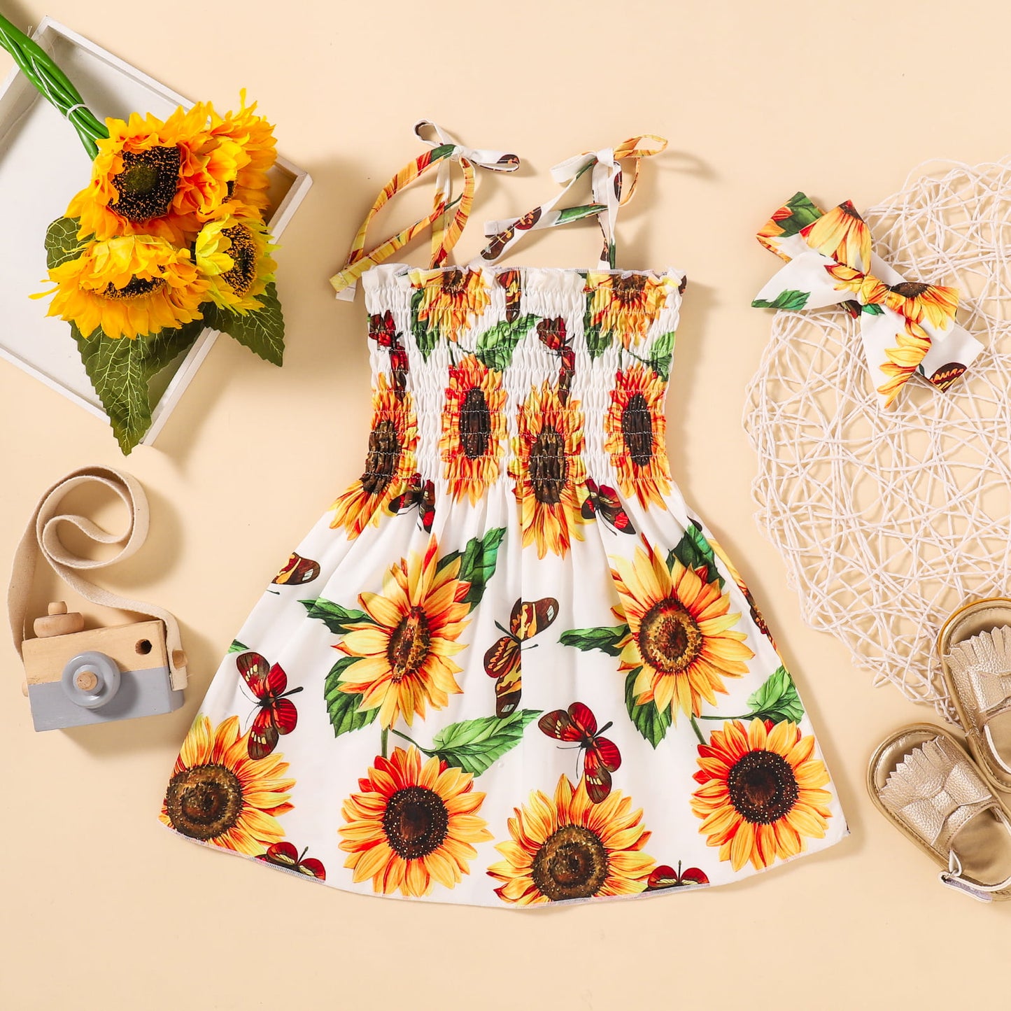 Children’s Girls Sunflower Print Smocked Tie Shoulder Dress