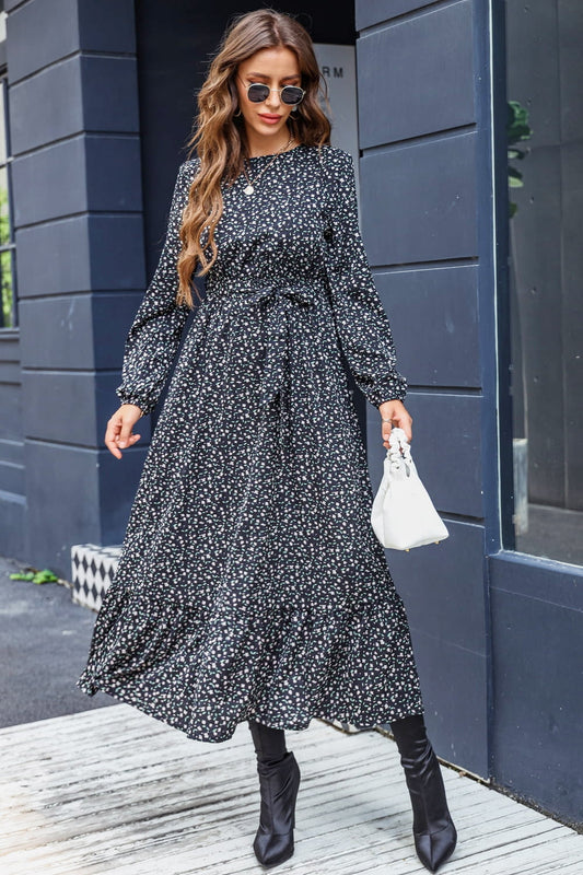 Women’s Printed Round Neck Long Sleeve Midi Dress