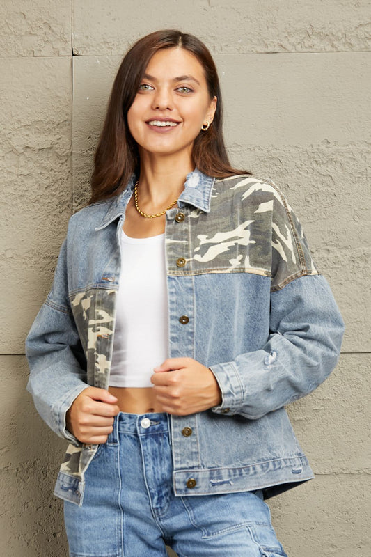 Women’s GeeGee Full Size Washed Denim Camo Contrast Jacket