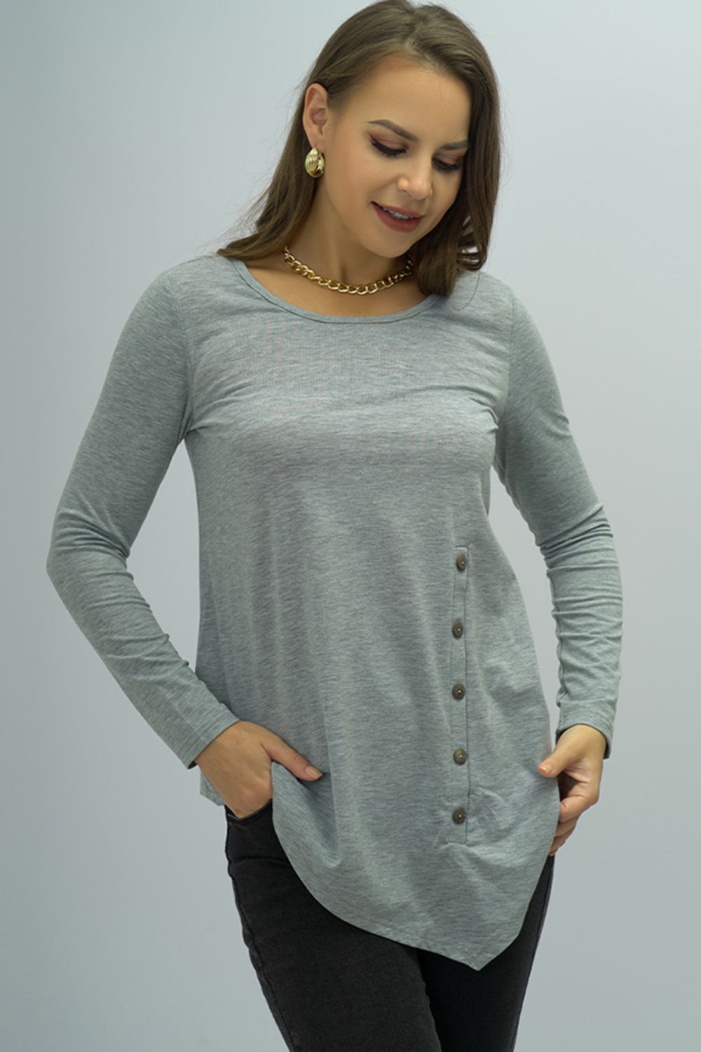 Women’s Buttoned Long Sleeve Round Neck Tee