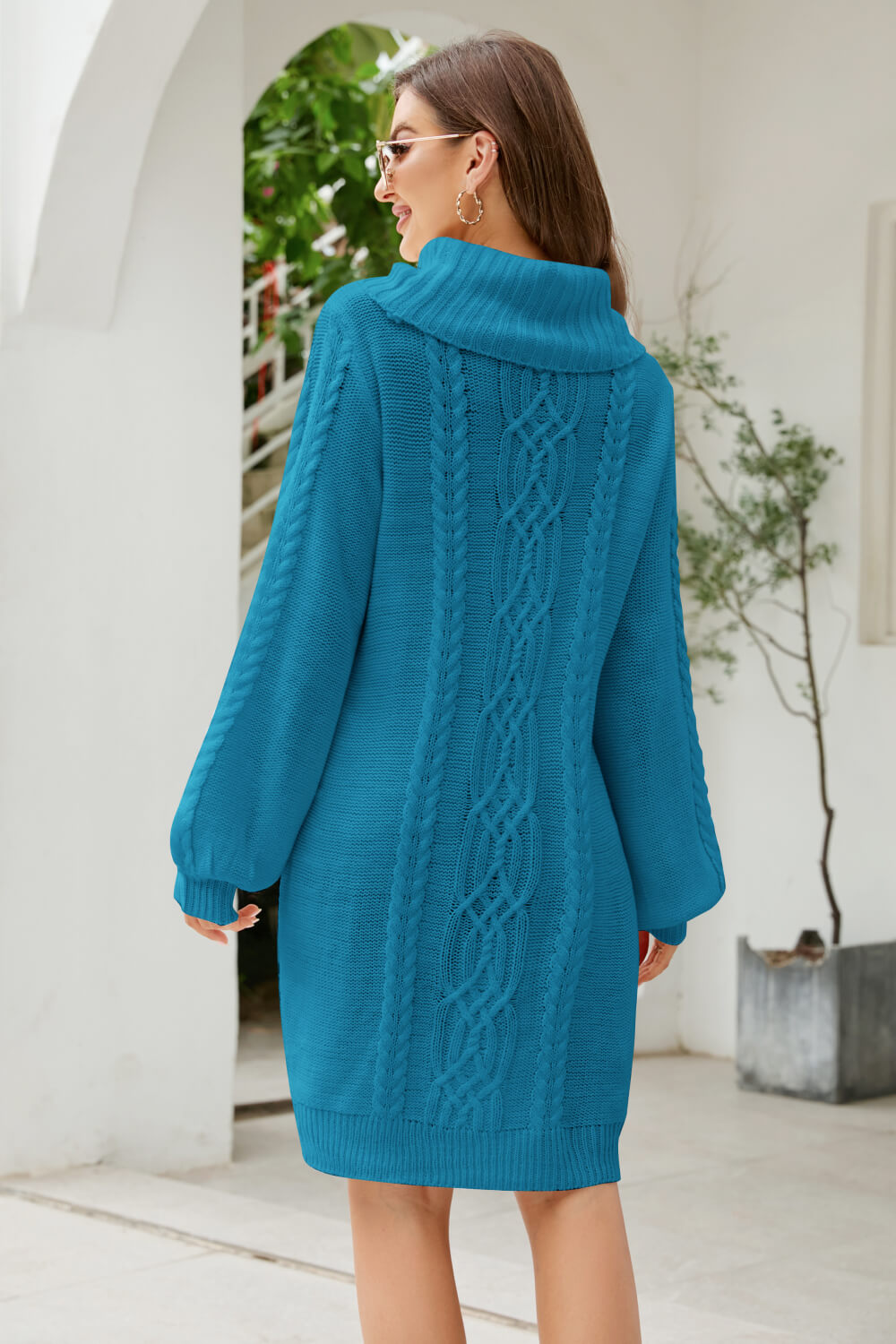 Women’s Mixed Knit Turtleneck Lantern Sleeve Sweater Dress